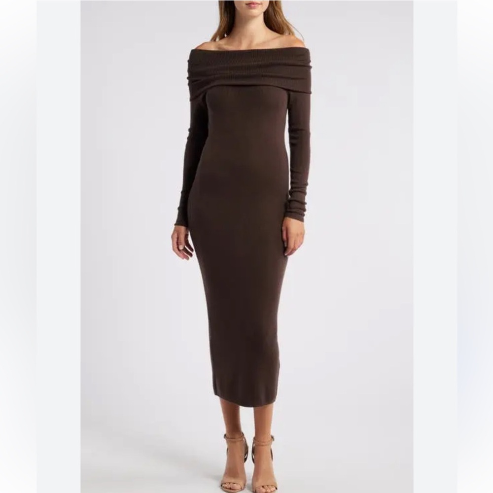 CHARLES HENRY 
Off-The-Shoulder Long Sleeve Sweater Dress - Espresso size L